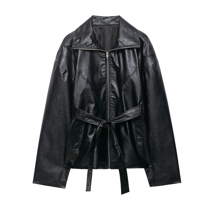 Dam Kort Jacka i Konstläder med Waist Belt, Dragkedja och Distinctive Krage