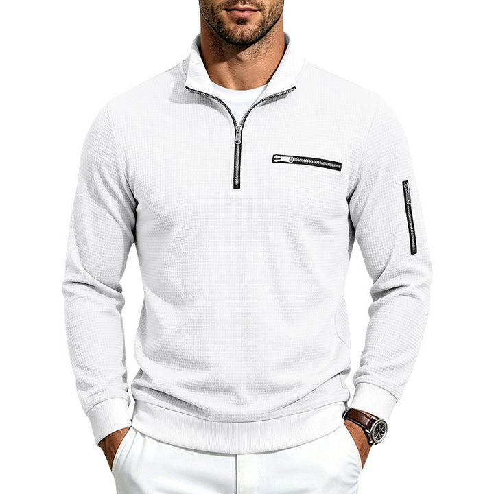 Herr Waffle-Stickad Turtleneck med Contrast Krage, Zippered Bröstficka och Ärmficka