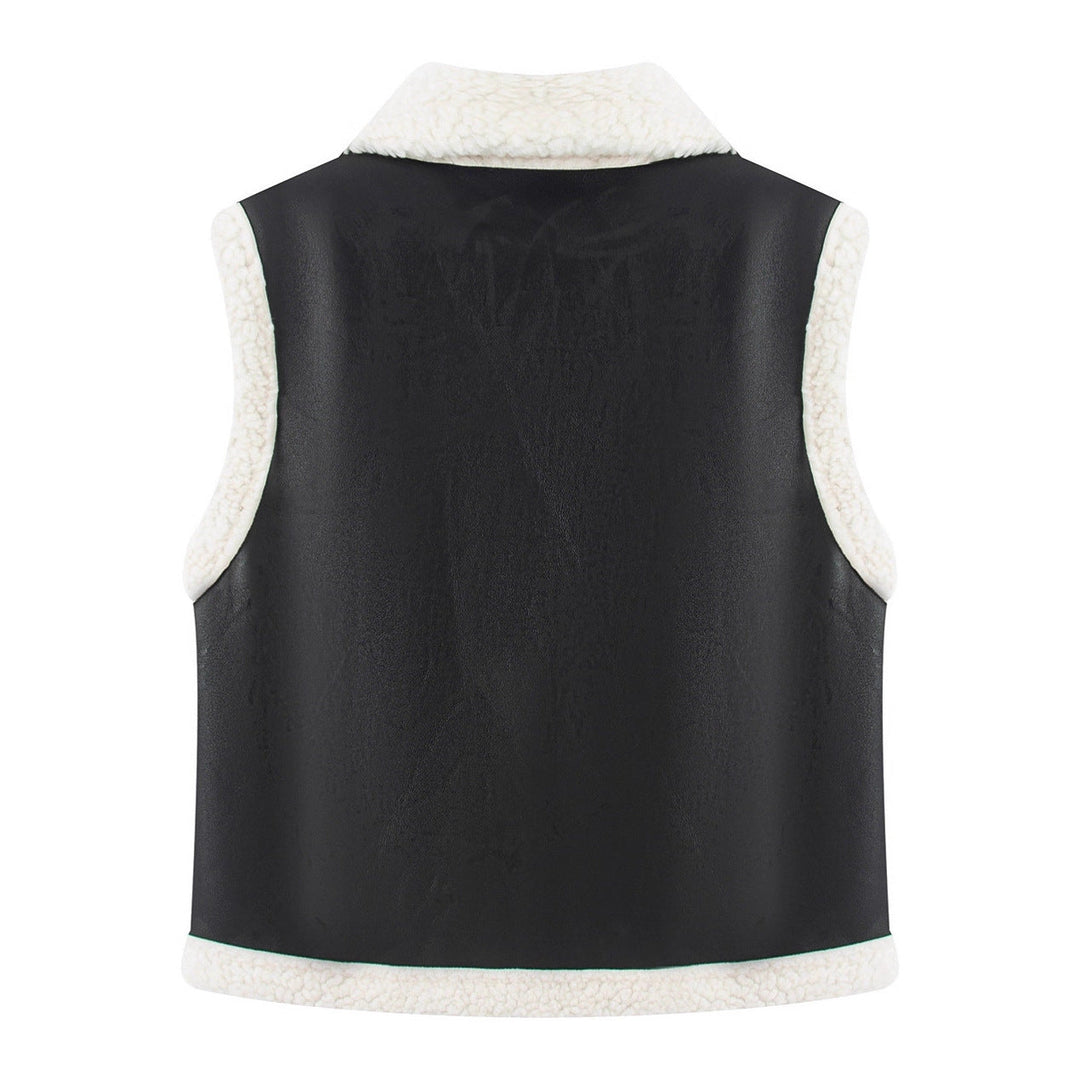 Dam ärmlös Lambskin look väst med Notched krage och utanpåfickor