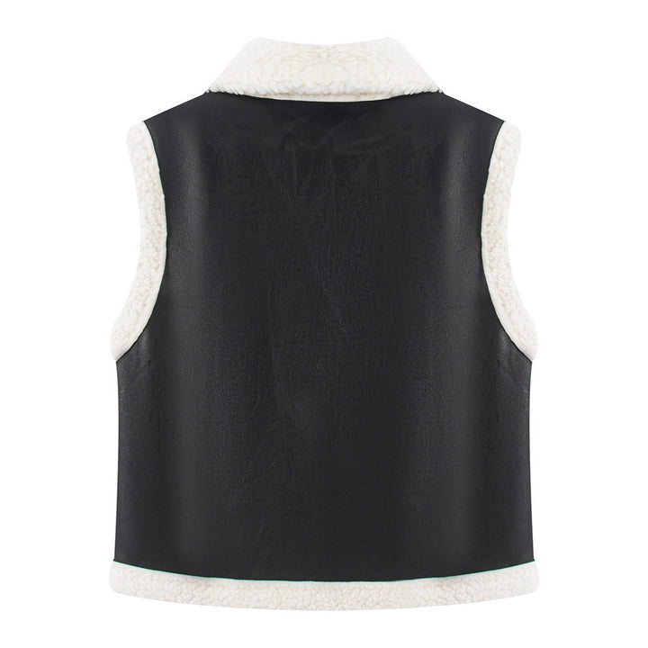 Dam ärmlös Lambskin look väst med Notched krage och utanpåfickor