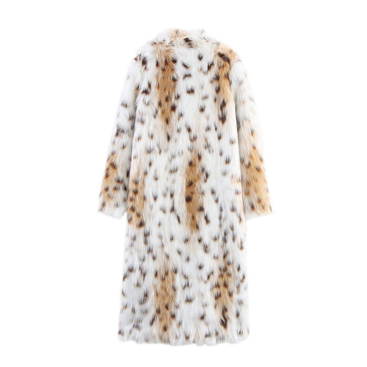 Dam Lång Oversized Konstpäls Kappa med Spotted Wildcat Tryck och Ståkrage