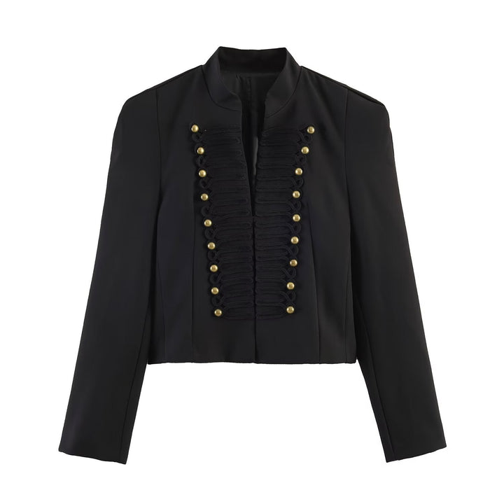 Dam Militär-Inspired Kort Jacka med Ståkrage och Decorative Knapp Detail