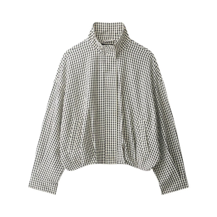 Dam Checked kort Boxy Blouson med Stand krage och sidofickor