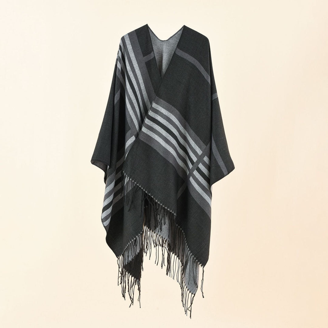 Dam Kastiger Ruana Wrap med Fringes och Diagonal Stripe Jacquard