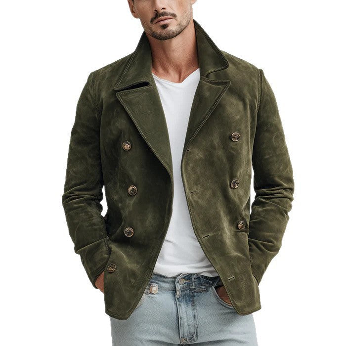 Herr Double-Breasted Suede Jacka i Short Rock Blouson med Prominent Lapels