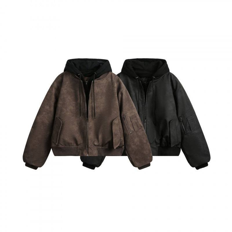 [Herr] kort skärning bomberjacka i vintage velvet look med integrerad huva, funktionell ärm ficka och ribbade muddar