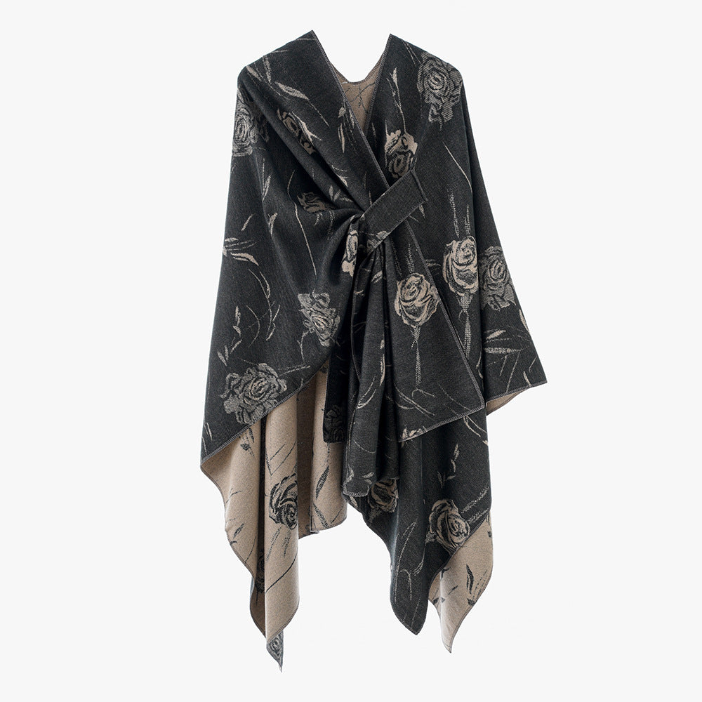 Dam Reversible capeponcho med Rose Jacquard och Tie bälte