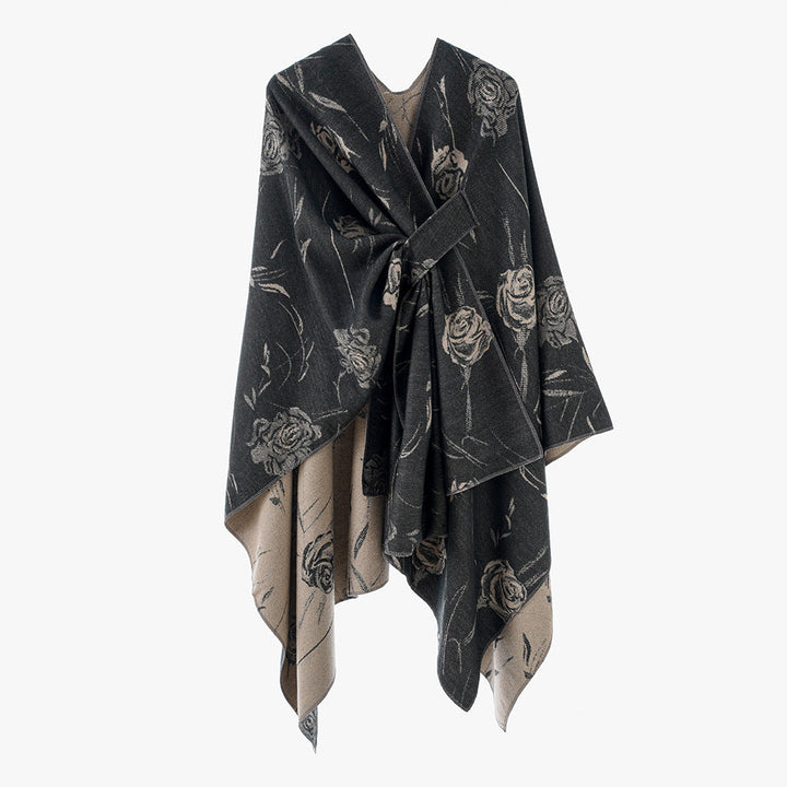 Dam Reversible capeponcho med Rose Jacquard och Tie bälte