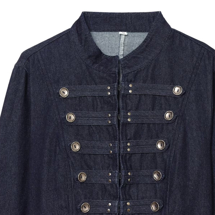Dam kort denim Military jacka med ståkrage och dekorativ knappslå
