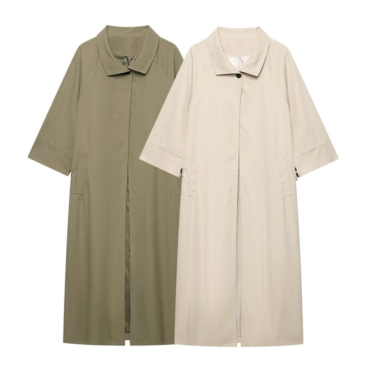Dam Lätt Lång Trenchcoat med Three-Quarter Length Ärmar och Dold Knapp Knäppning