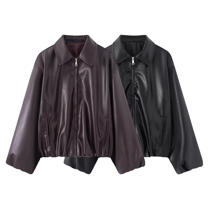 Dam Oversized Konstläder Blouson med Dragkedja och Elastic Fåll