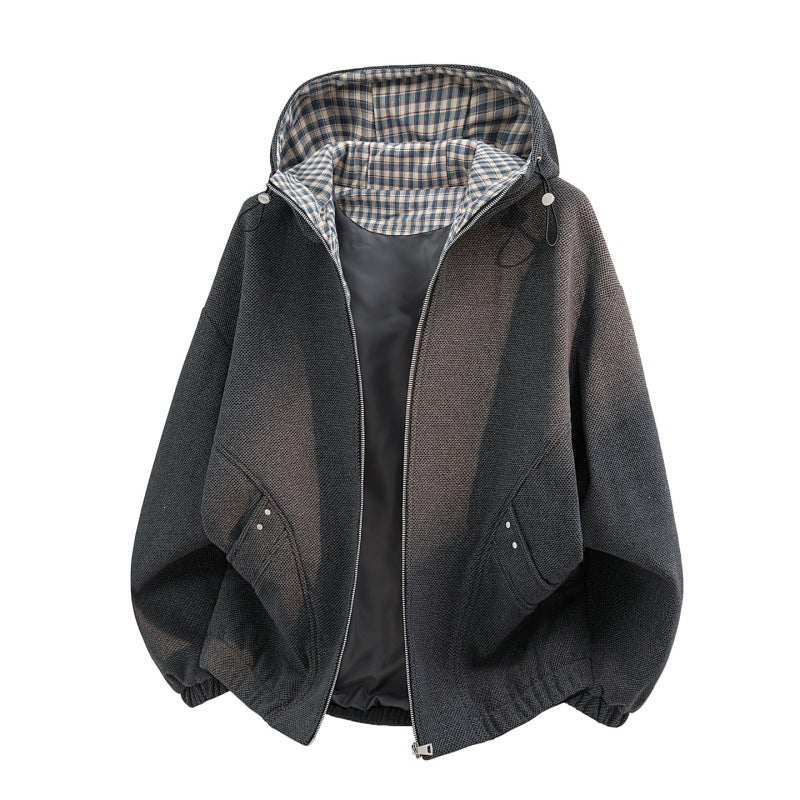Dam oversized fleecejacka med huva och rutig innerfoder