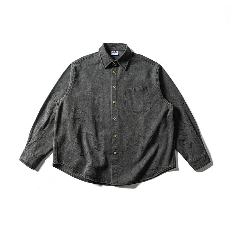 Unisex Oversized Skjorta Jacka med Embroidered Leaf Motifs och Rounded Fåll