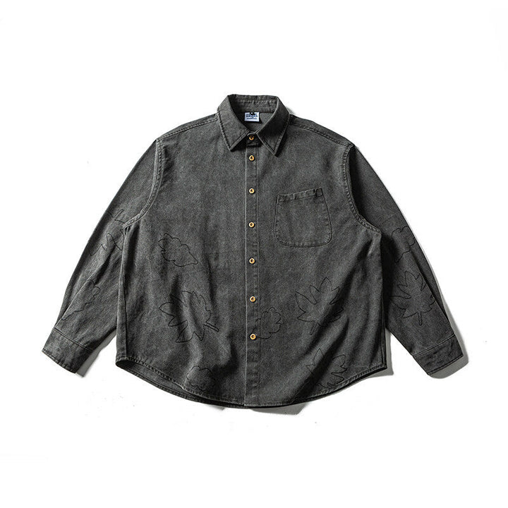Unisex Oversized Skjorta Jacka med Embroidered Leaf Motifs och Rounded Fåll