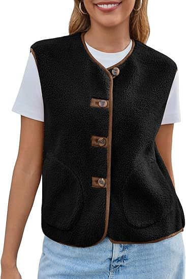 Dam teddy fleece väst med round neck och knapp stängning