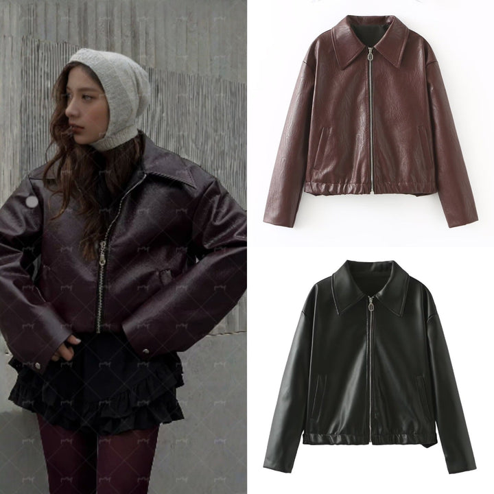 Dam Kort Oversized Läder Look Jacka med Dragkedja, Fåll Band och Kent Krage