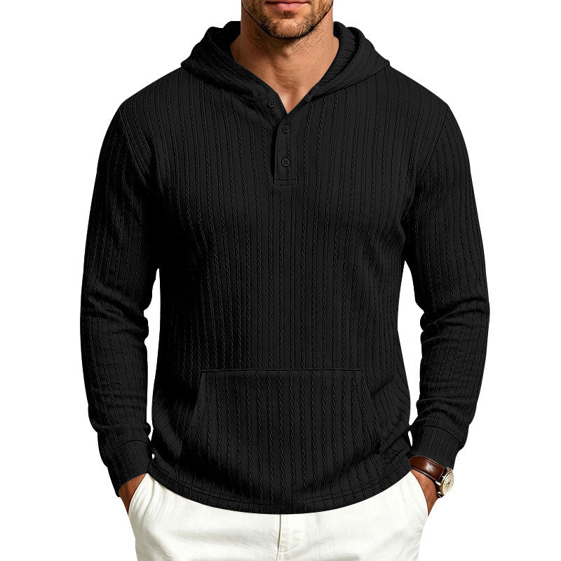 Herr Strukturerad Luvtröja med Henley Krage och Känguruficka