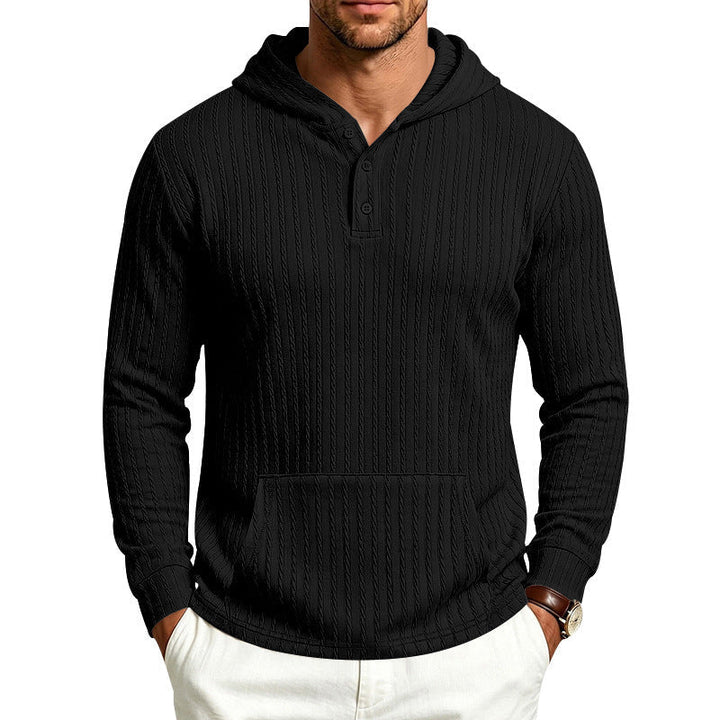 Herr Strukturerad Luvtröja med Henley Krage och Känguruficka
