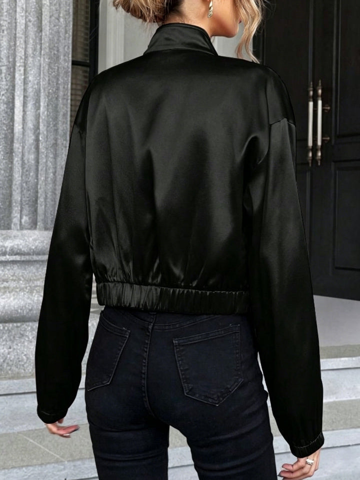 Dam Kort Satin Bomber Jacka med Ståkrage och Dragkedja