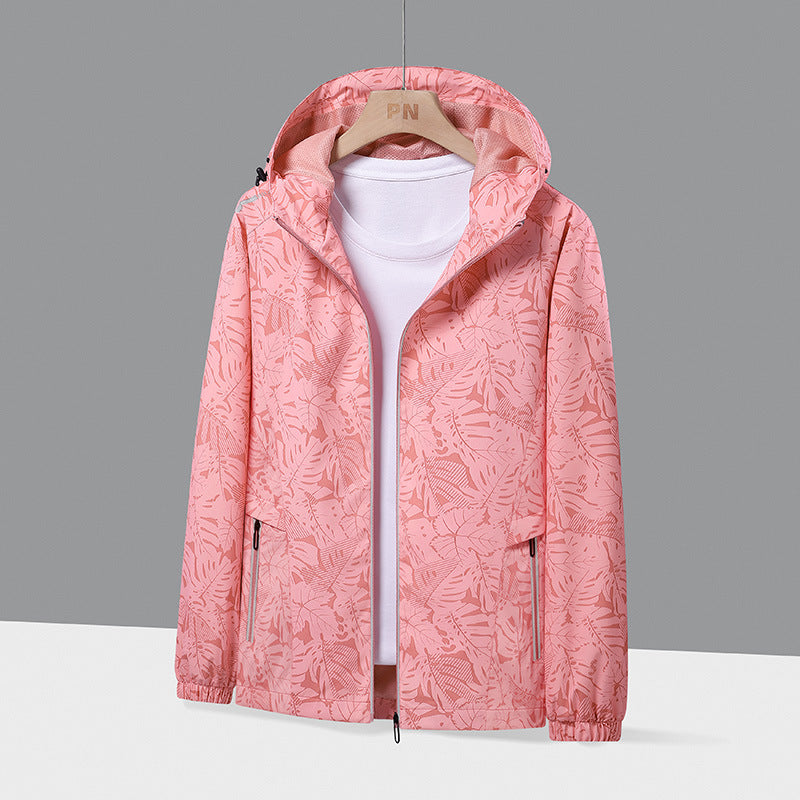Herr lätt med huva Windbreaker med Botanical Heltäckande Tryck och elastiska muddar