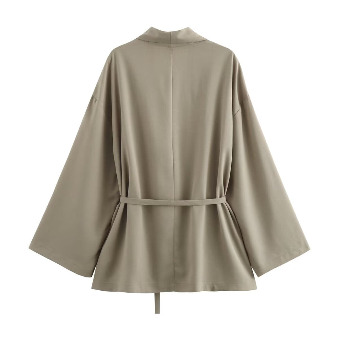 Dam Kimono Jacka med Wrap Belt, Loose Passform och Shawl Krage