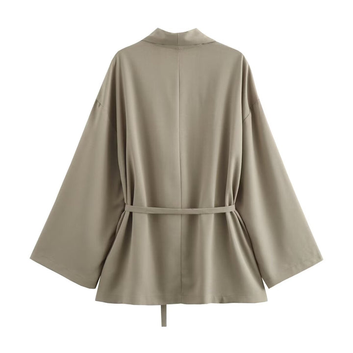 Dam Kimono Jacka med Wrap Belt, Loose Passform och Shawl Krage