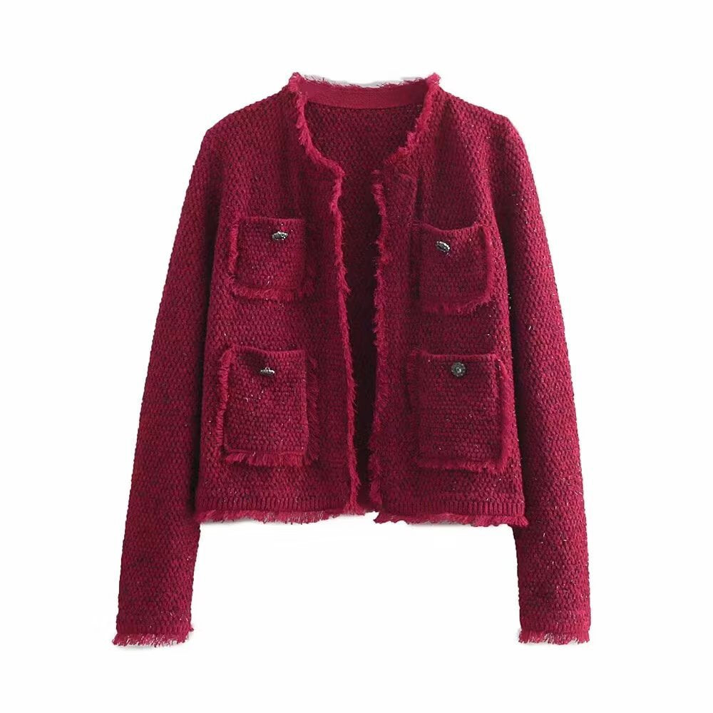 Dam Kort Bouclé Tweedjacka med Fringe Kant, Patch Fickor och Round Neckline