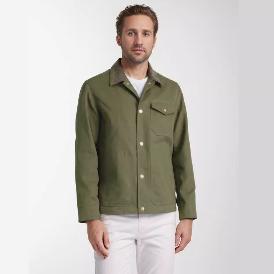 Herr robust canvas chore jacka med cord krage och applicerade utanpåfickor