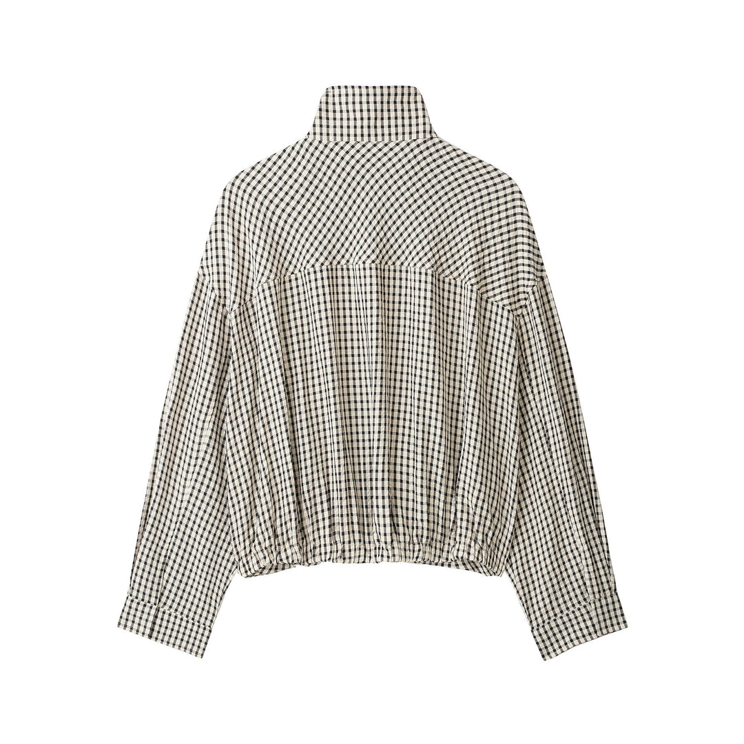 Dam Check Kort Oversize Jacka med Funnel Krage och Tulip Shape