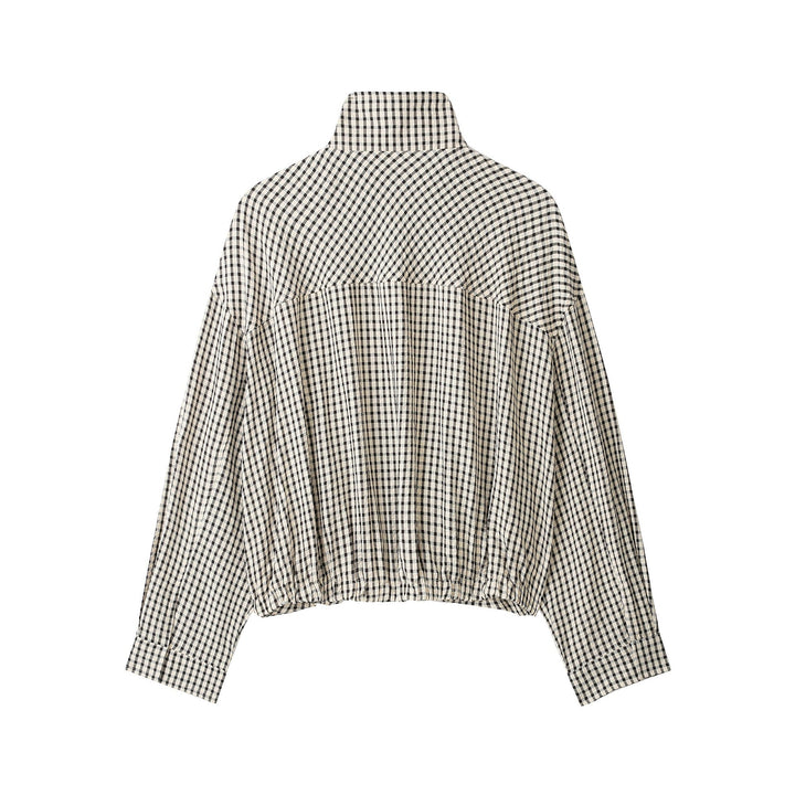 Dam Check Kort Oversize Jacka med Funnel Krage och Tulip Shape