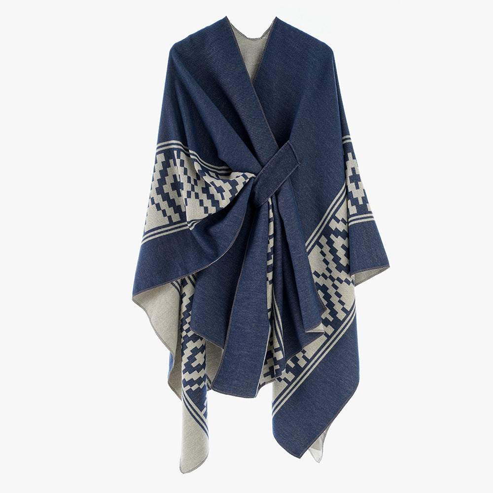 Dam Jacquard Ruana med TIE bälte och geometric mönster