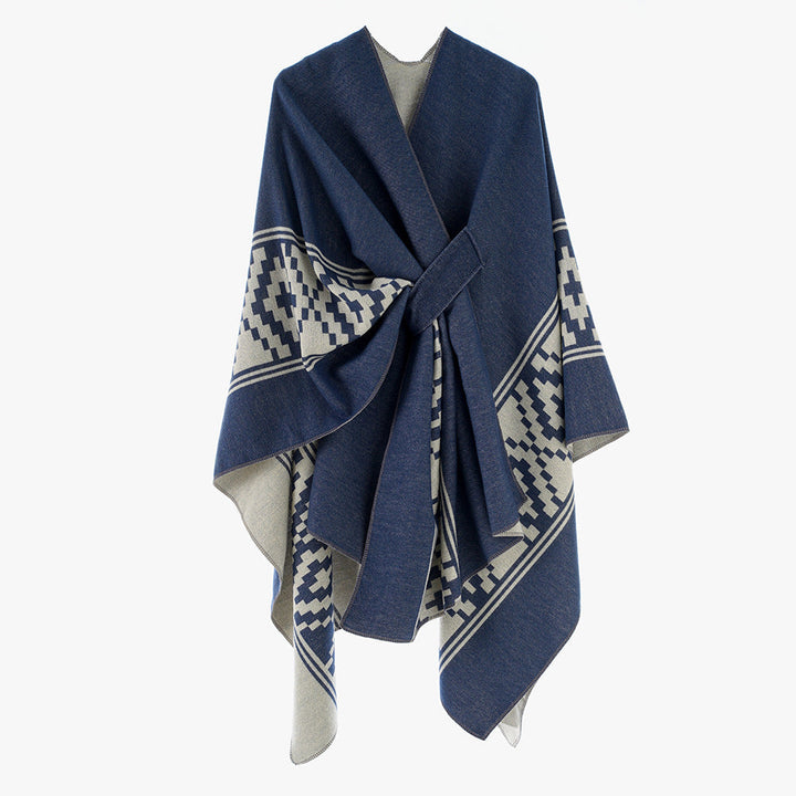 Dam Jacquard Ruana med TIE bälte och geometric mönster