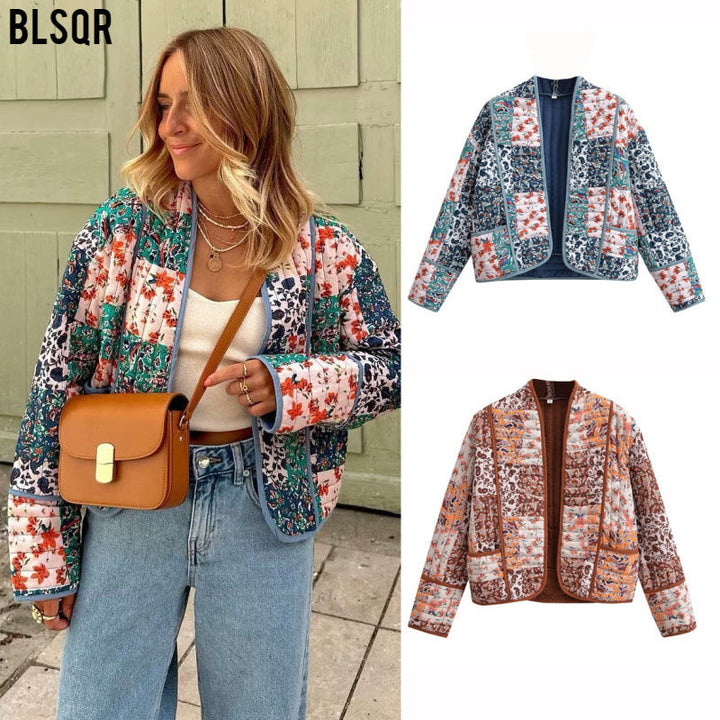 Dam Quiltad Patchwork Quiltad Jacka med Blommig Tryck, Open Kimono Silhuett och Patch Fickor