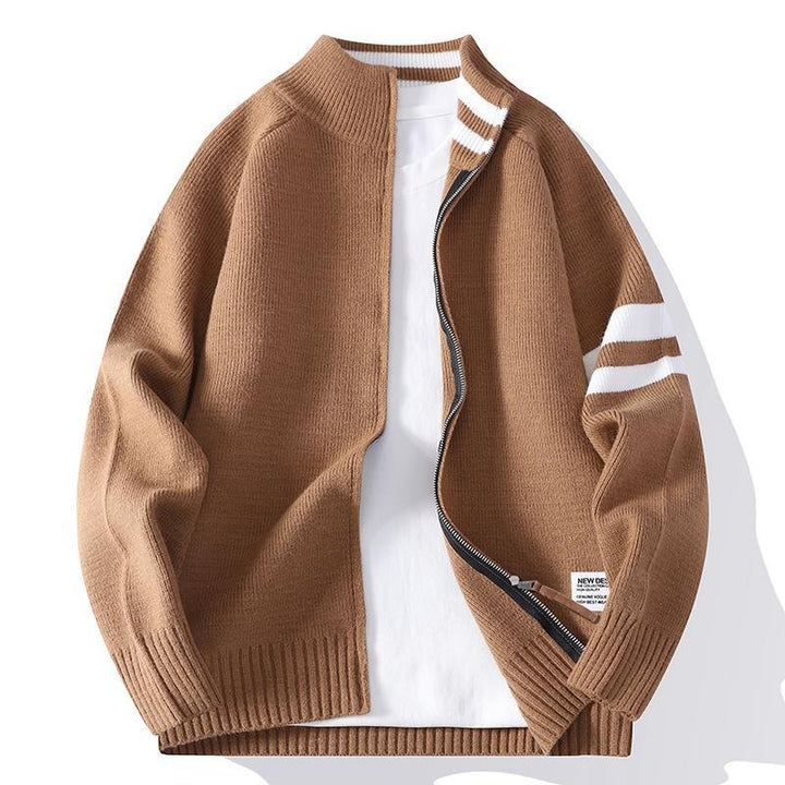 Herr Stickad Dragkedja Cardigan i College Stil med Randig Ärm Band och Ribbad Ståkrage