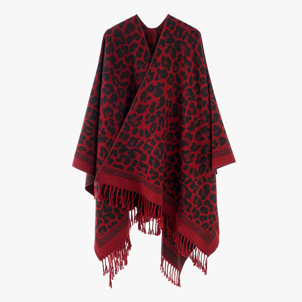 Dam Jacquard poncho med Leopard mönster, Fringes och Open oversized skärning