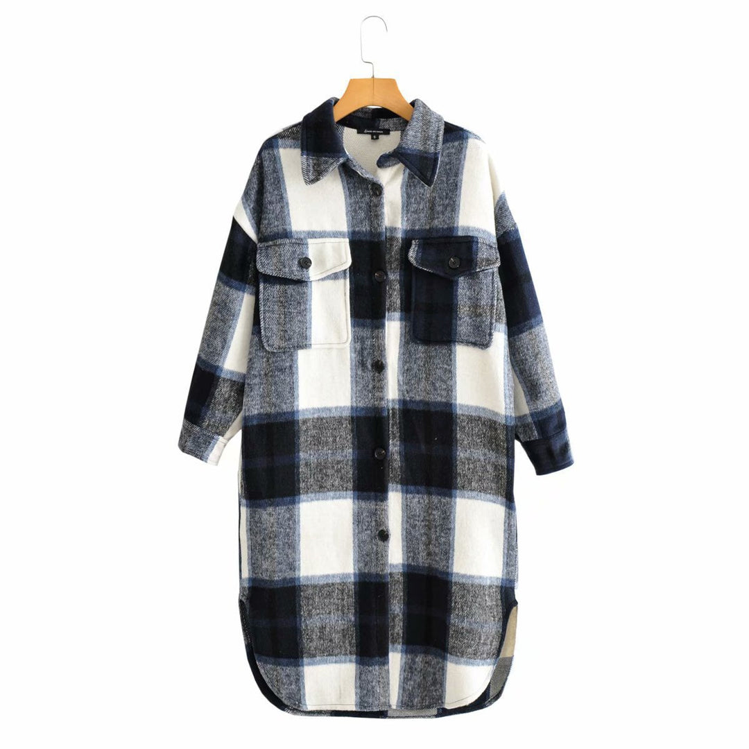 Dam oversize rutig lång modell Shirt med bröstfickor
