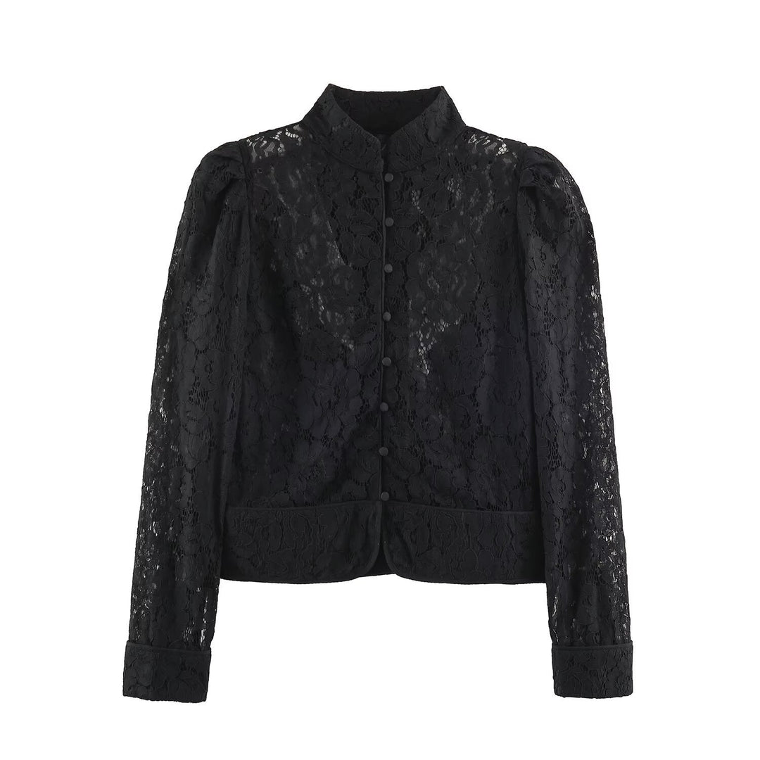 Dam Lace Jacka i Blouse Stil med Stå Krage och Puff Ärmar