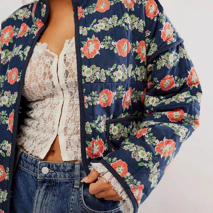 Dam 600+ Quiltad Embroidered Waist Belt Jacka med Blommig Mönster och Stå Krage