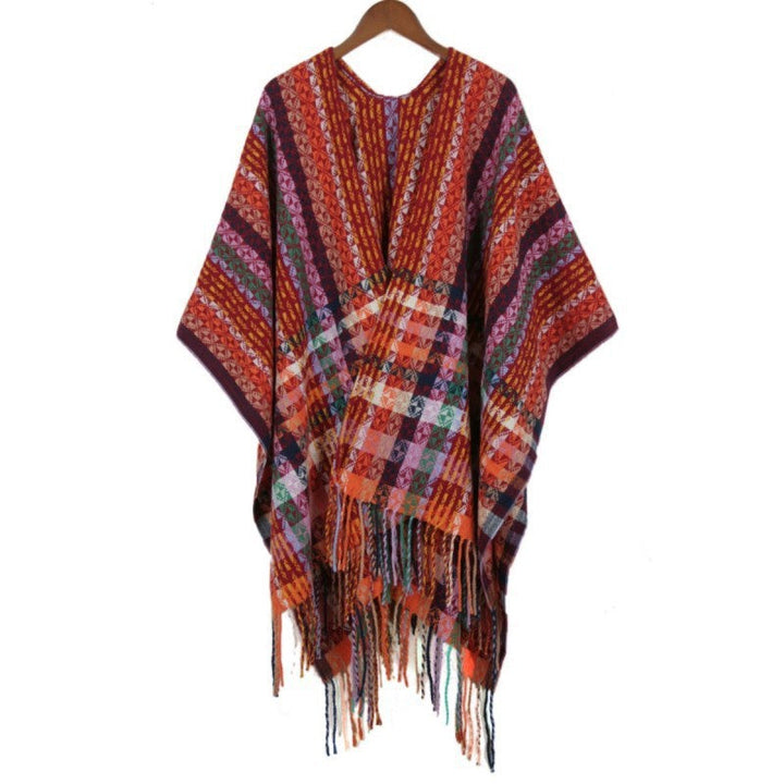 Dam Multicolored Woven poncho i Boho Patchwork design med Fringes