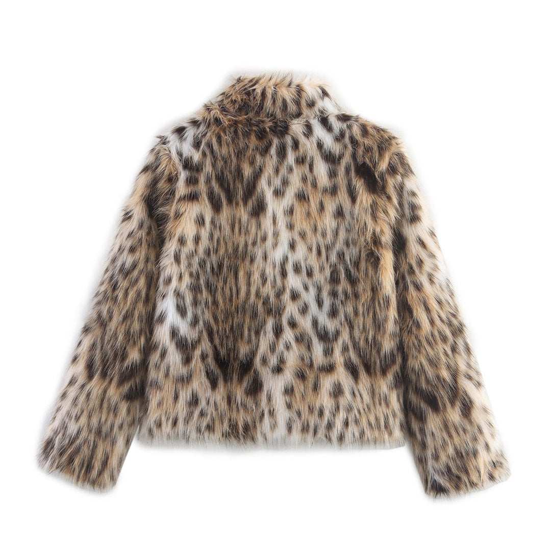 Dam Kort Jacka Gjord av Konstpäls i Leopardmönster med Boxig Skärning och Ståkrage