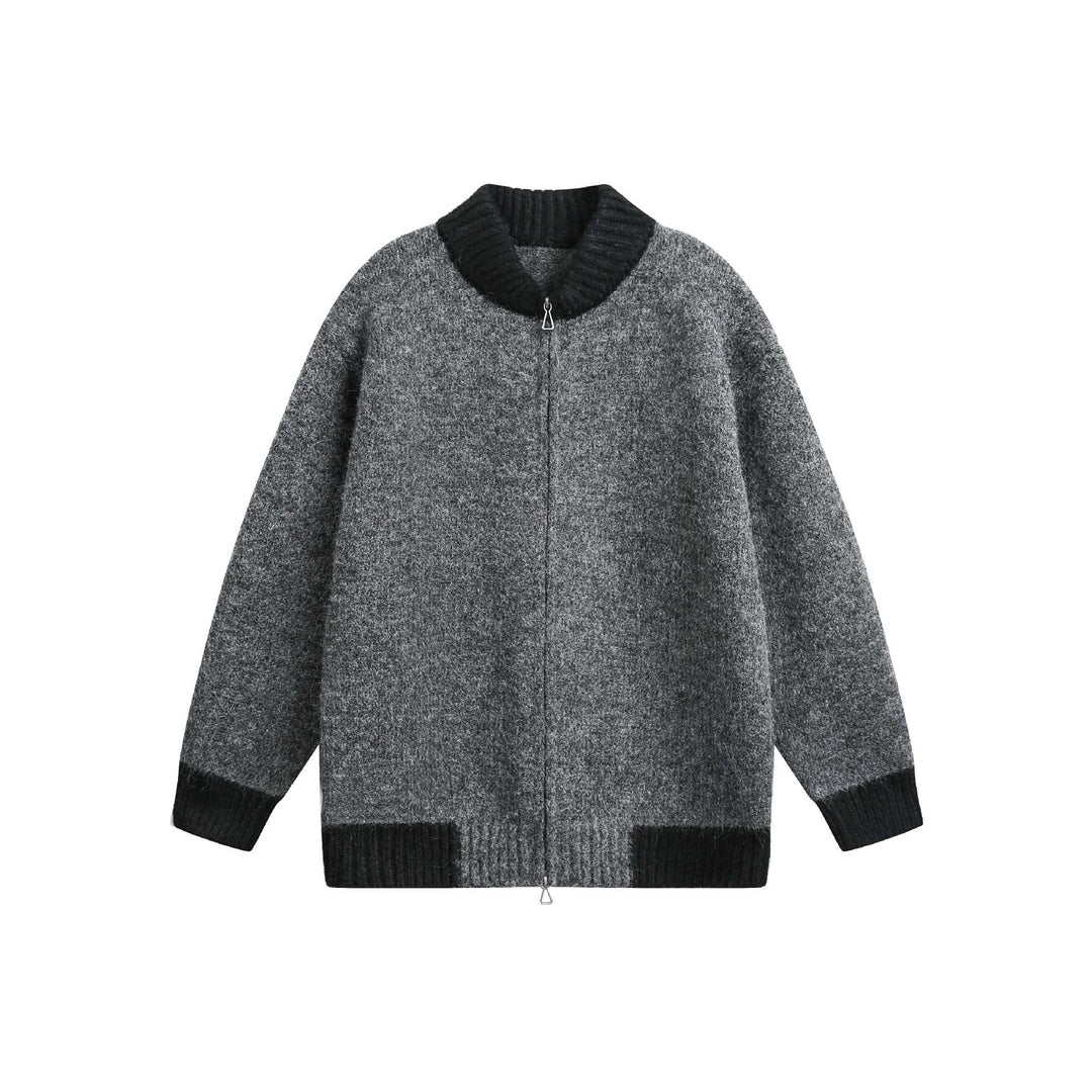 Dam Chunky Stickad Dragkedja Jacka med Hög Ribbad Krage och Two-Tone Muddar