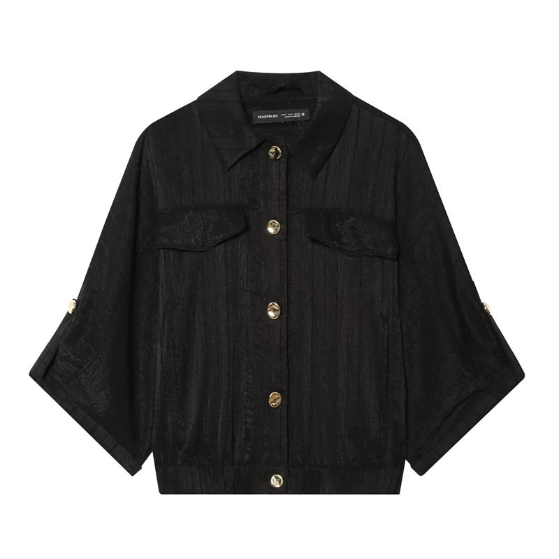 Dam Boxig Overshirt Jacka Midja Kort med 3/4 Ärmar och Guld Knappar