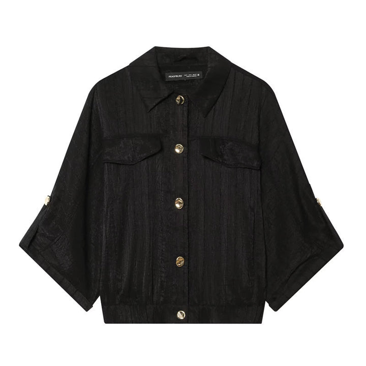 Dam Boxig Overshirt Jacka Midja Kort med 3/4 Ärmar och Guld Knappar