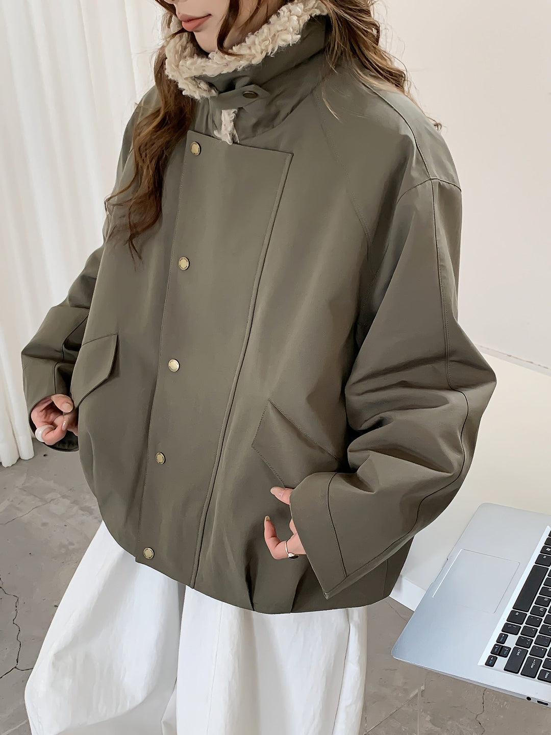 Dam oversize Utility jacka med hög teddy krage och Snap knappslå