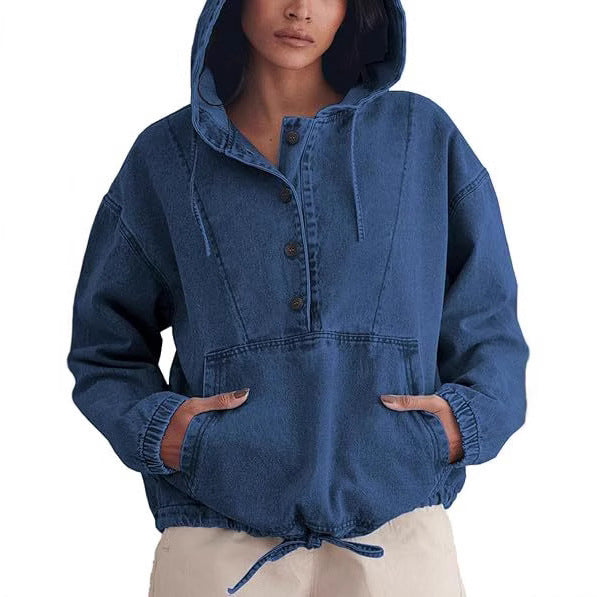Dam jeans Half jacka med huva, Kangaroo ficka och dragsko