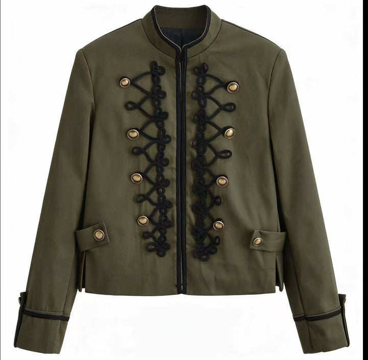 Dam Kort Militär-Stil Jacka med Decorative Cords och Ståkrage