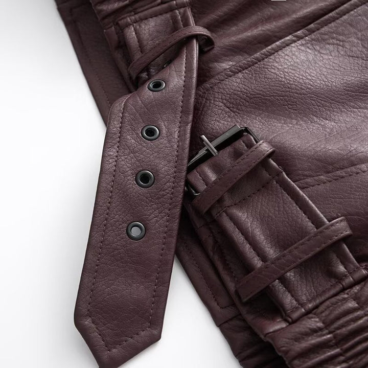 Dam Oversized Konstläder Biker Jacka med Asymmetrical Dragkedja, Bälte och Elastic Midja