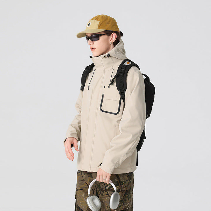 Herr Teknisk Funktionell Jacka med Huva, Vattenavvisande Softshell och Bröst Lock Ficka
