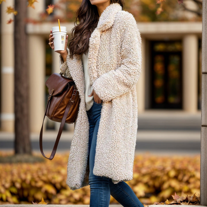 Dam lång teddy kappa gjord Faux Fur med oversize skärning och Shawl krage