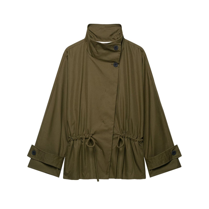 Dam Kort Utility Cape Jacka med Drawstring, Hög Stå Krage och Justerbar Ärm Straps